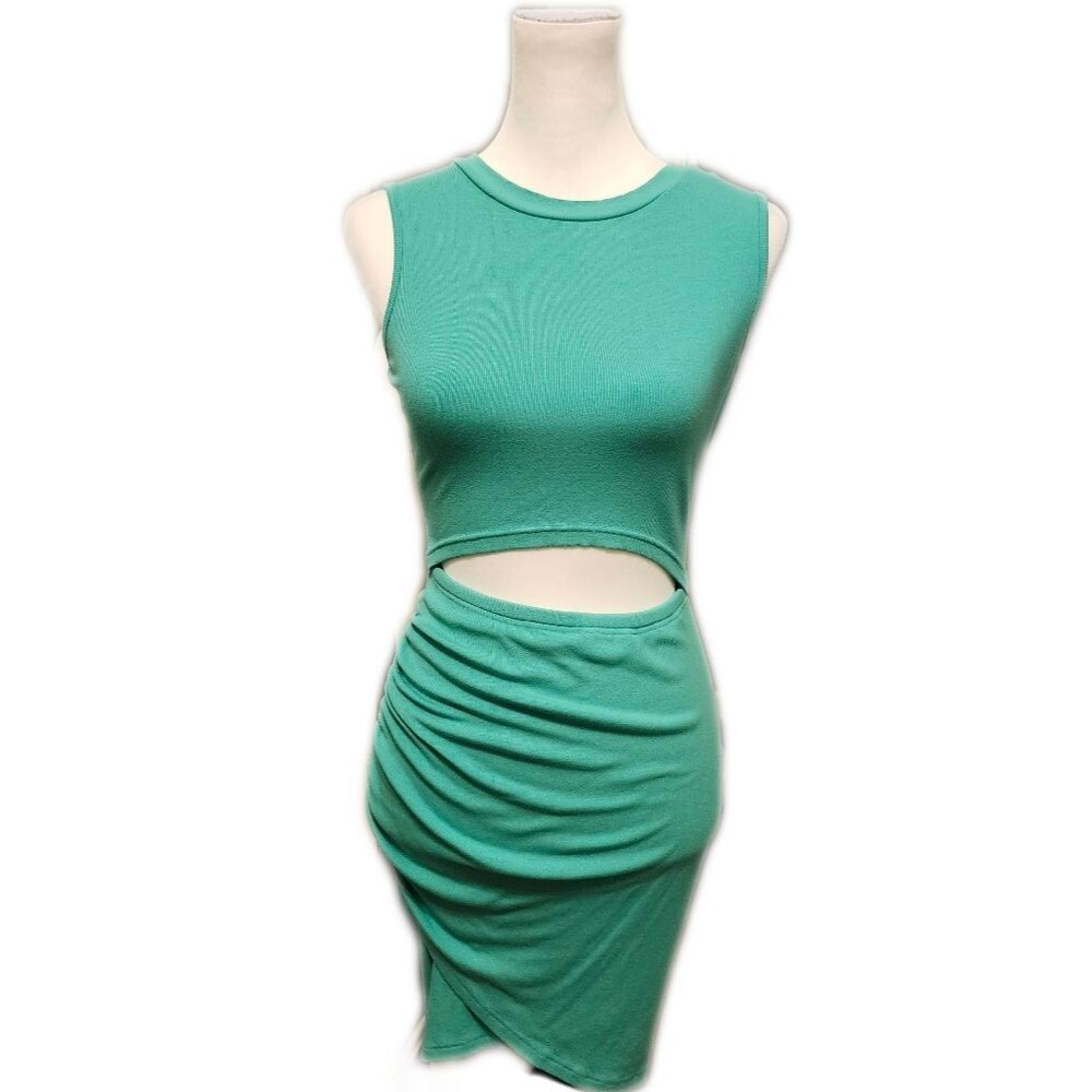 Amazon One-Piece Ruched Mini Dress, Midriff Cutout, Sprung Green, M